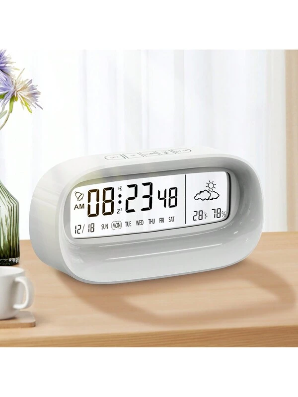 Digital Alarm Clocks For Bedrooms Battery Powered Desk Clock   With Seconds, Date, Week, 12/24h, Temp, Hum, Snooze For Office, Living Room (Transparent Modern Design White) White