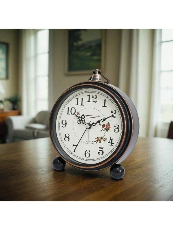 1pc Vintage Creative Alarm Clock With Metal Hook For Hanging/Sitting, Large Numeral Creative Pointer Design, Suitable For Bedroom, Living Room Multicolor